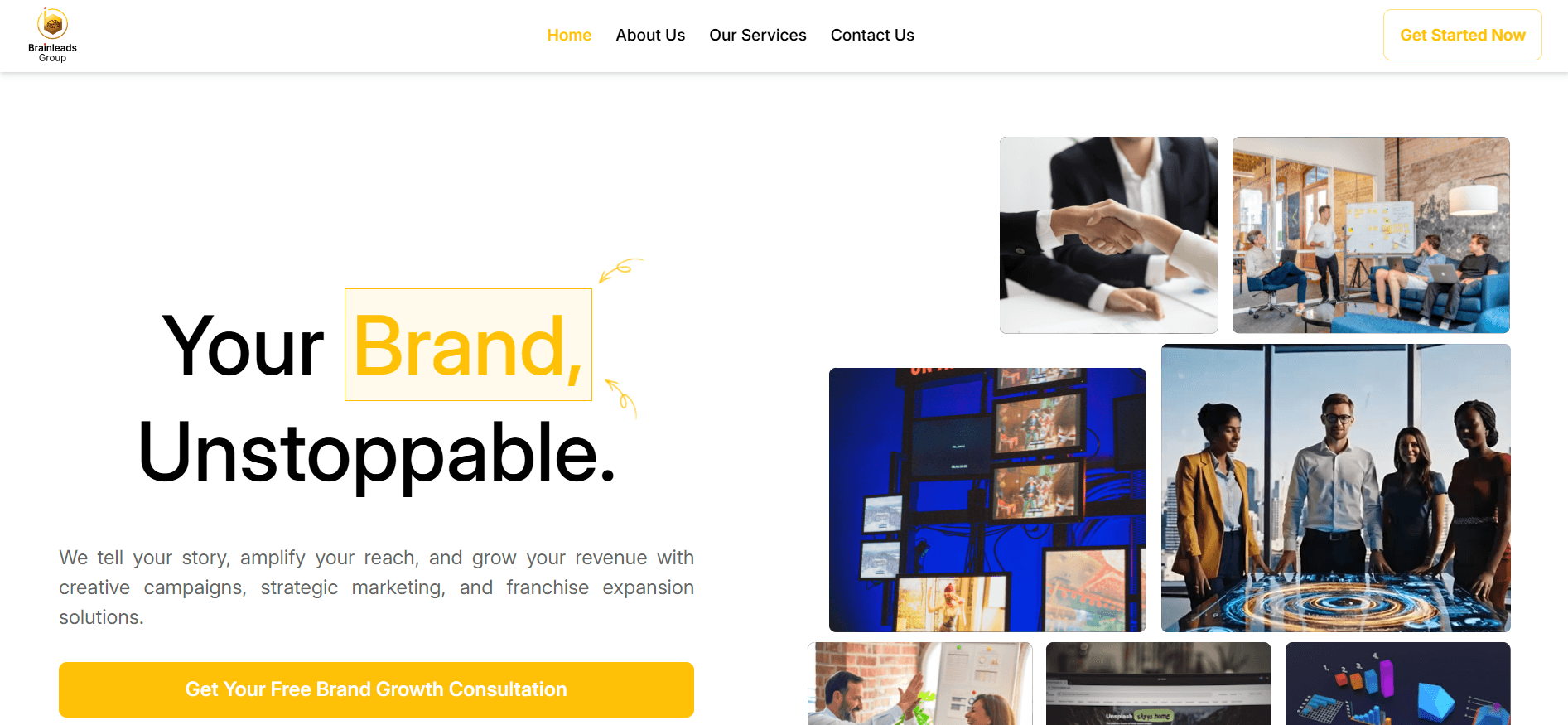 Brainleads Group landing page cover with brand-focused marketing visuals