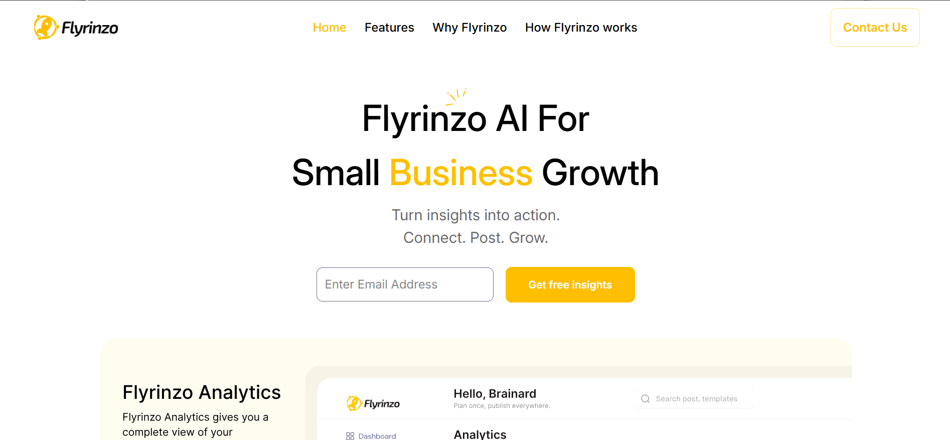 Flyrinzo AI landing page cover with product hero and analytics section