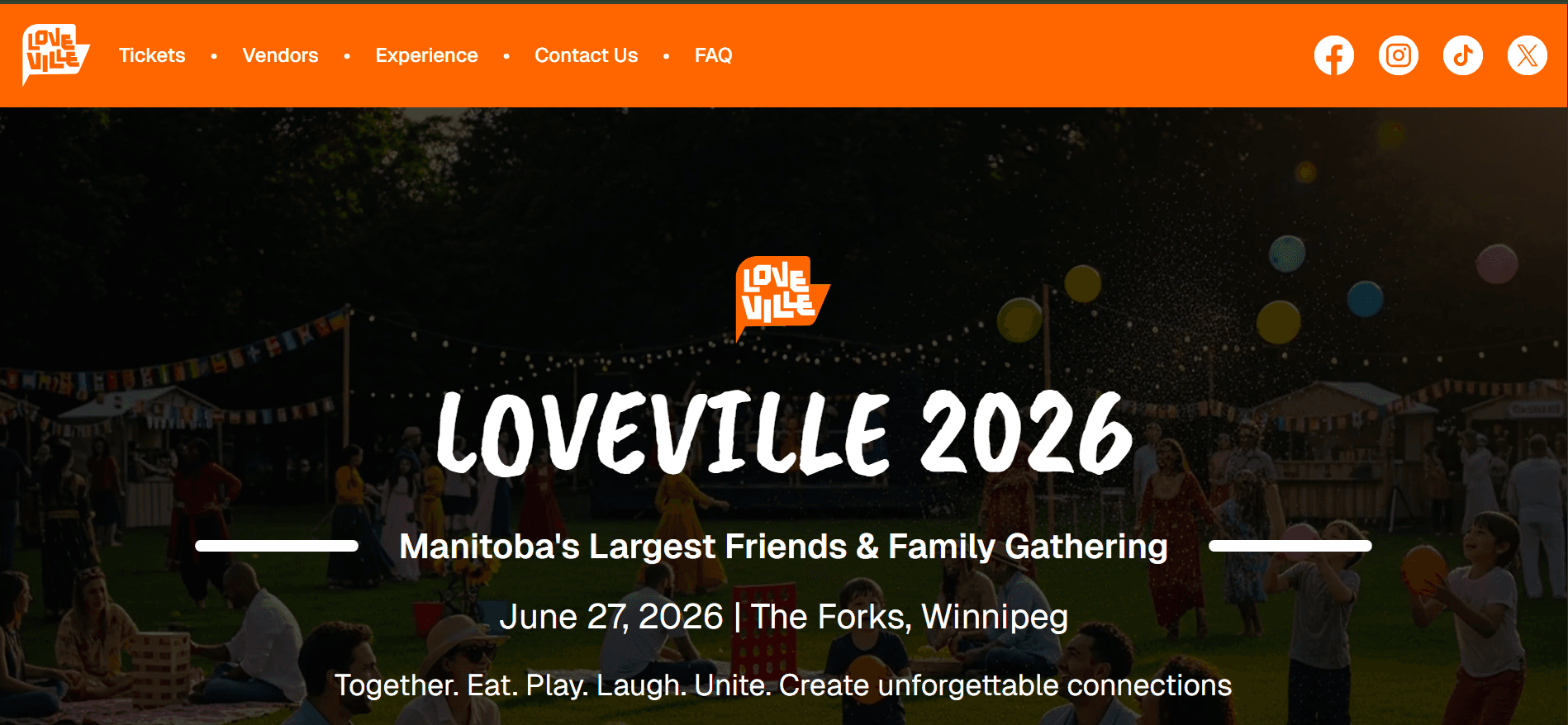 Lovevillefest landing page cover with a lively festival hero banner
